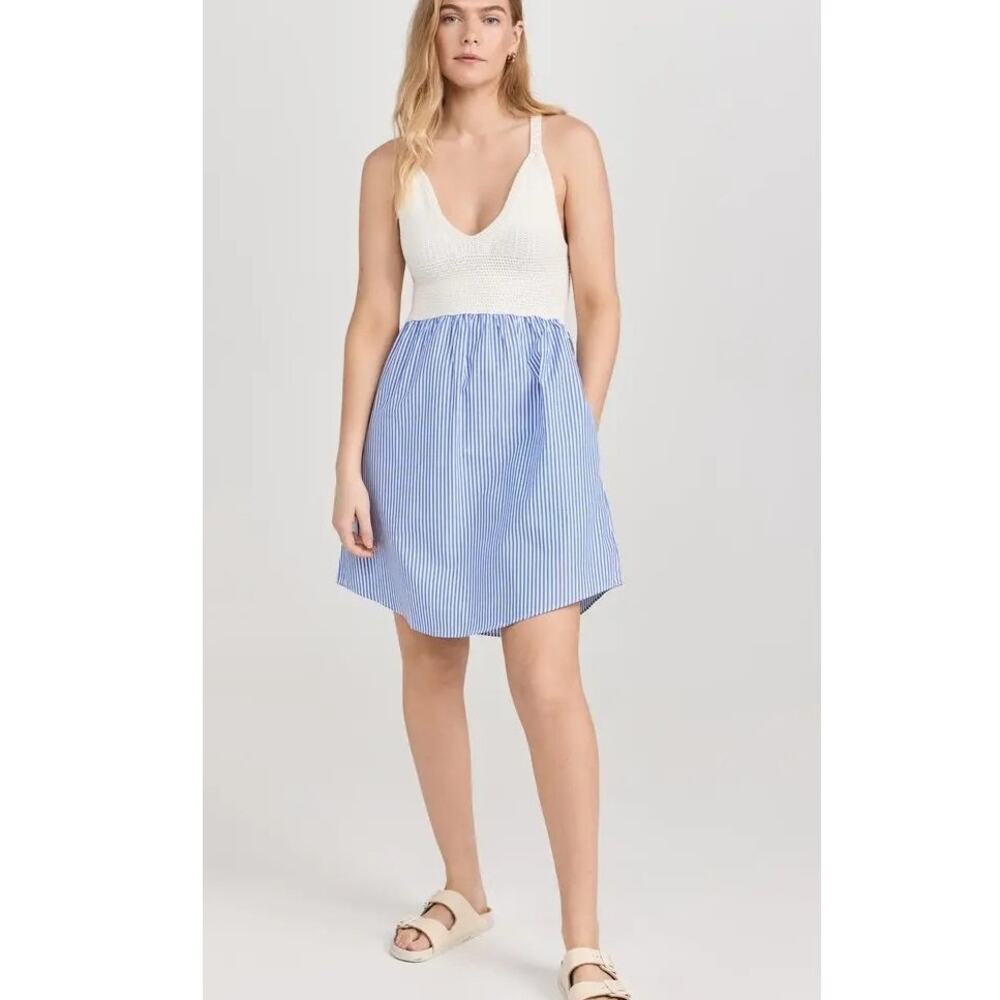KULE Esmee Mini Dress XS Blue White Crochet Poplin Skirt V-Neck Sleeveless